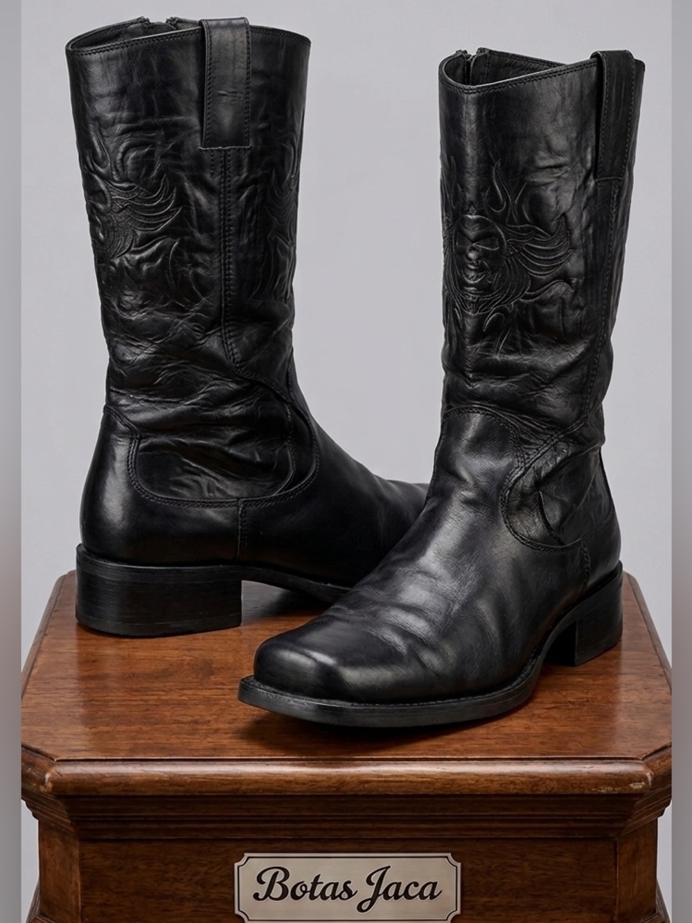 Botas Jaca Black Leather Skull Flame Biker Boots Square Toe Sz 13